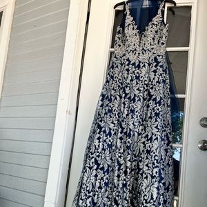 Formal Evening Long Dress Navy Blue with a Scarf
